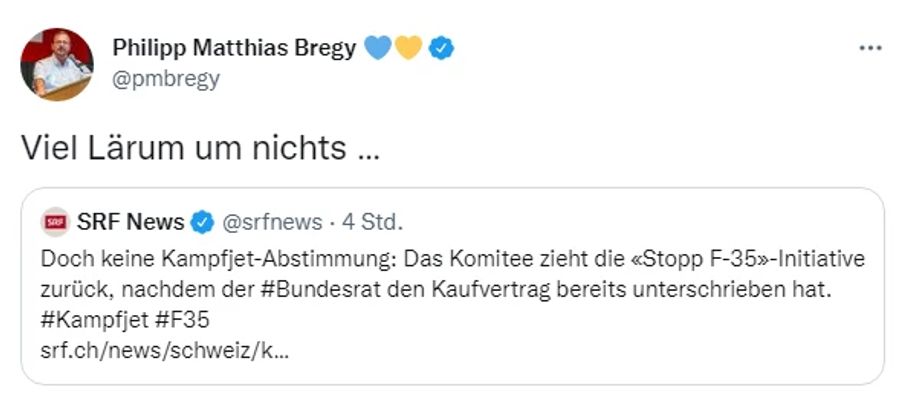 Gleiches gilt für Nationalrat Philipp Matthias Bregy (Mitte/VS). Er bezeichnet die «Stop F-35»-Initiative als «viel Lärm um nichts».