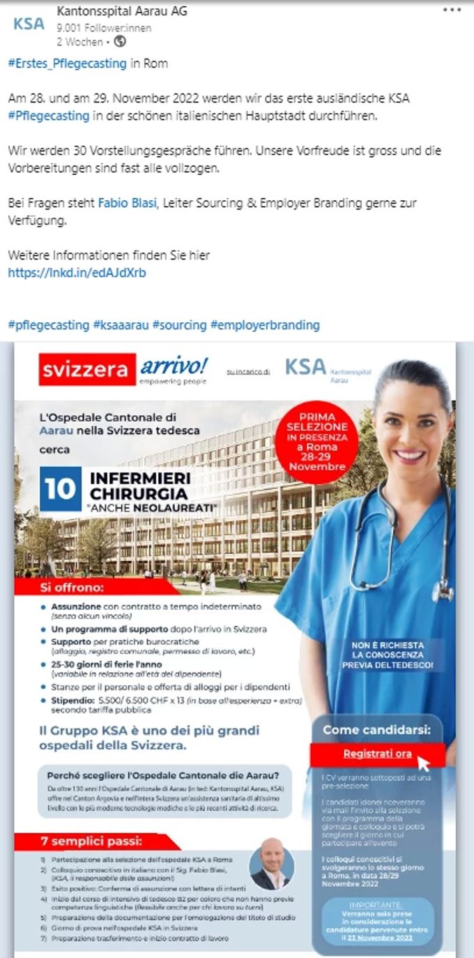Das Kantonsspital Aarau wirbt mit dem «Ersten Pflegecasting in Rom». Kantonsspital Aarau