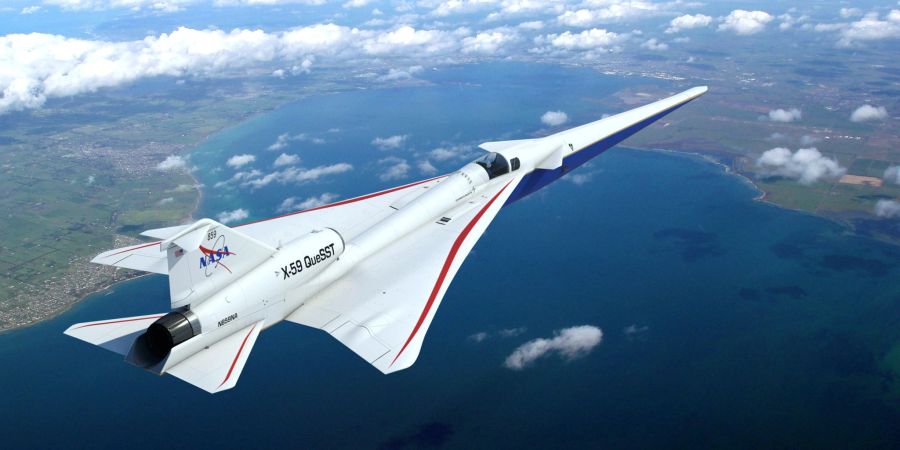 Dieser künstlerische Entwurf aus dem Jahr 2019 zeigt, wie das von der NASA in Auftrag gegebene neue Überschallflugzeug Lockheed Martin X-59 QueSST (kurz für Quiet SuperSonic Technology) aussehen könnte.