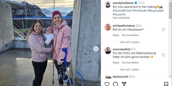 Wendy Holdener besichtigt auf Krücken ihre zukünftige Wohnung. Wendy Holdener Wohnung Krücken