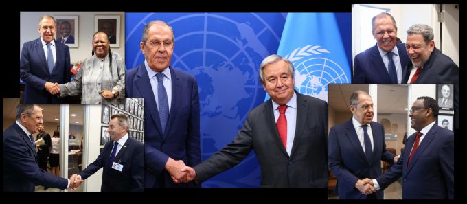 Lachen mit Lawrow an der Uno-GV: Uno-Generalsekretär Antonio Guterres (Mitte), Naledi Pandor (Südafrika, o.l.), Peter Maurer (IKRK, u.l.), Ralph Gonsalves (St. Vincent und die Grenadinen, o.r.) und Demeke Mekonnen Hassen (Äthiopien). Lawrow Guterres Lachen Uno