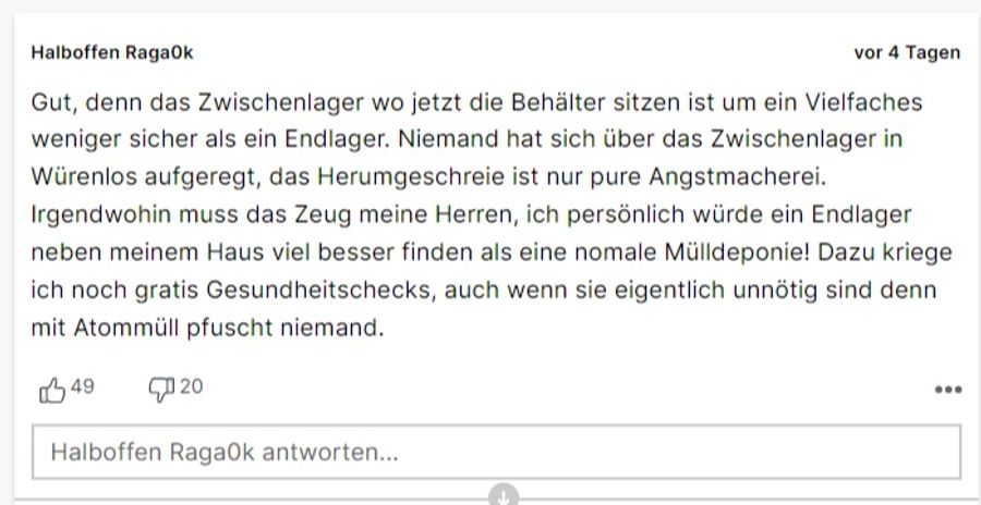 Dieser User hätte nichts gegen ein Endlager in siener Nachbarschaft. (Anm. d. Red: Das aktuelle Zwischenlager befindet sich in Würenlingen)