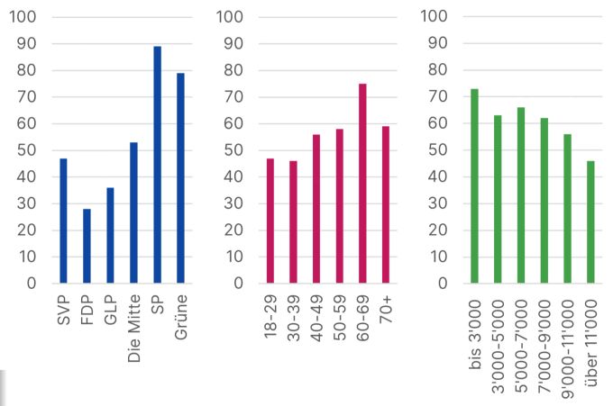 Die Ja-Anteile zur 13. AHV-Rente gemäss VOX-Analyse, aufgeschlüsselt nach Parteisympathie, Alter und Haushaltseinkommen. VOX-Analyse 13. AHV-Rente