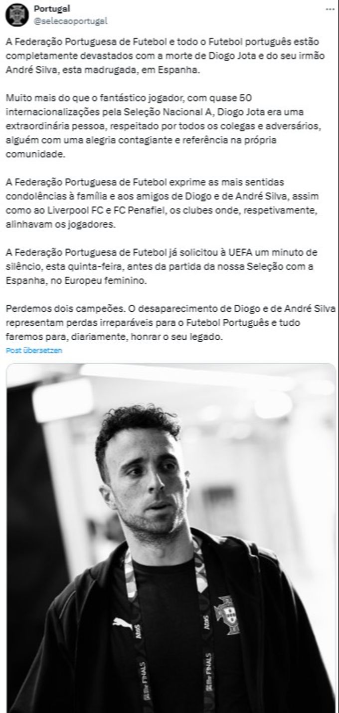 Der portugiesische Fussballverband bestätigt den Tod von Diogo Jota. Portugal