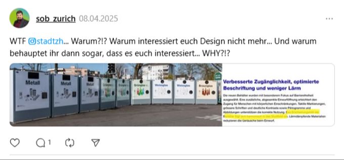 GLP-Gemeinderat Sven Sobernheim hätte sich ein besseres Design der Container für Recycling gewünscht. Recycling
