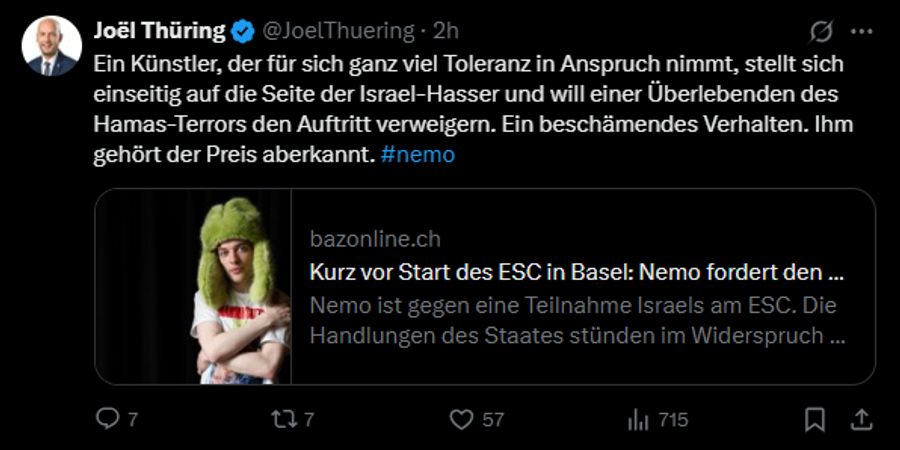 Der Basler Grossrat Joël Thüring will Nemo gar den Sieg aberkennen.