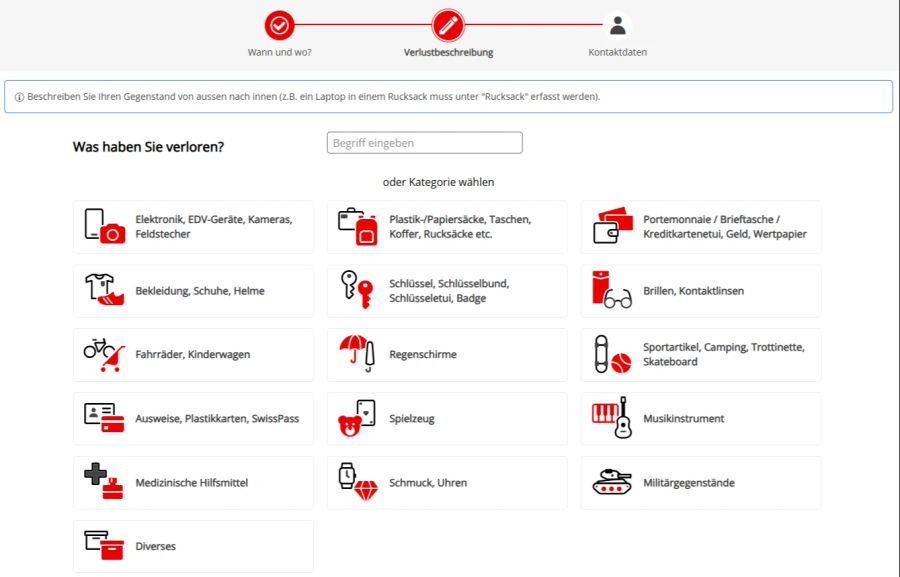 Es gibt verschiedene Verlustkategorien anzuwählen.