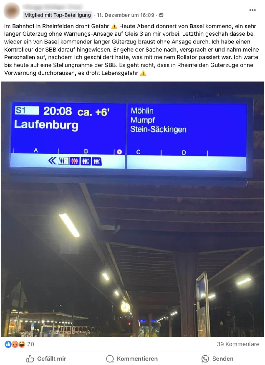 In ihrem Post spricht die Userin von Lebensgefahr, wenn Güterzüge unangekündigt durch den Rheinfelder Bahnhof fahren.