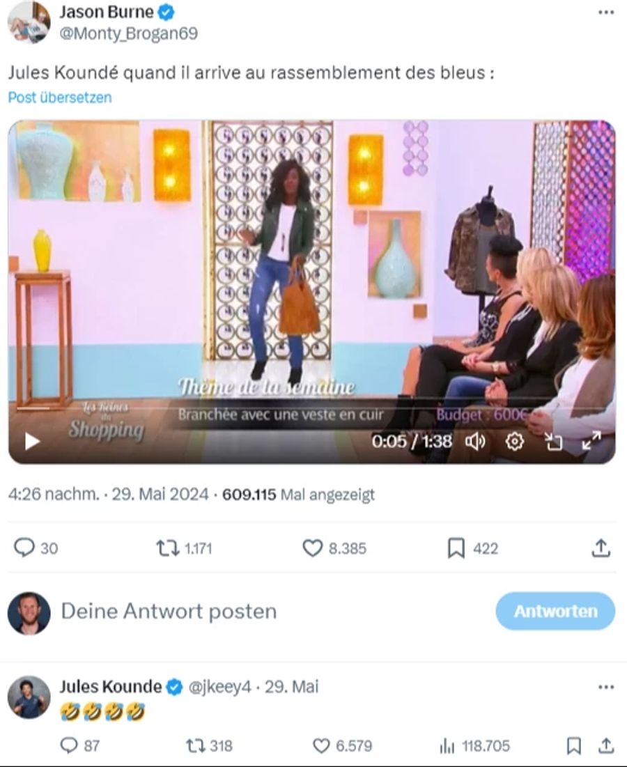 Übrigens: Auch Jules Koundé zeigt Humor und kommentiert ein scherzhaftes Video mit tränenlachendem Emoji.