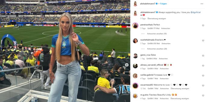Douglas Luiz steht aktuell mit Brasilien an der Copa América im Einsatz. Alisha Lehmann unterstützt ihren Freund im Stadion. Alisha Lehmann