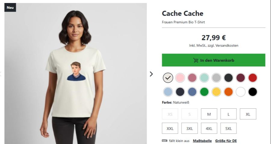Im Shop verkauft Maximilian Janisch auch ein schlichtes Frauen-Shirt mit seinem Porträt. Der Preis liegt bei 27,99 Euro.