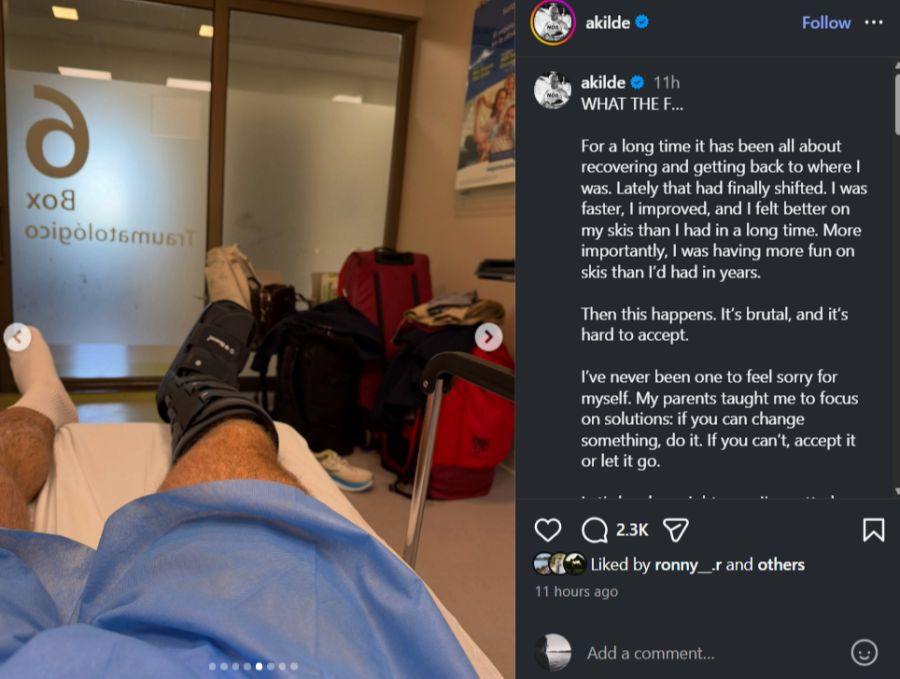 Aleksander Kilde im Spital, das verletzte Bein steckt in einer Schiene. «Es ist brutal und schwer zu akzeptieren», schrieb er bei Instagram.