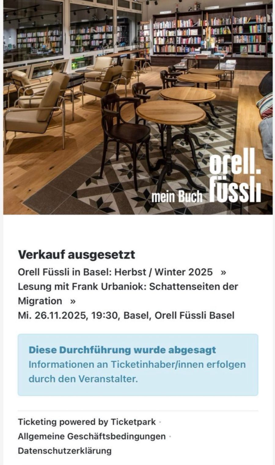 Im Netz wurde der Ticketverkauf für die Lesung eingestellt.