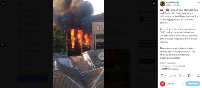 In Dagestan brennt nach einem Anschlag eine Synagoge. Synagoge Dagestan