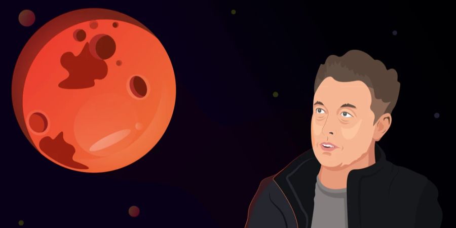 Illustration von Musk der auf den Mars schaut