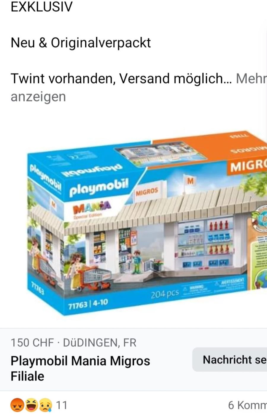 Die Playmobil-Filiale, die für 39.30 Franken kostet, wird auf Facebook für 150 Franken angeboten.