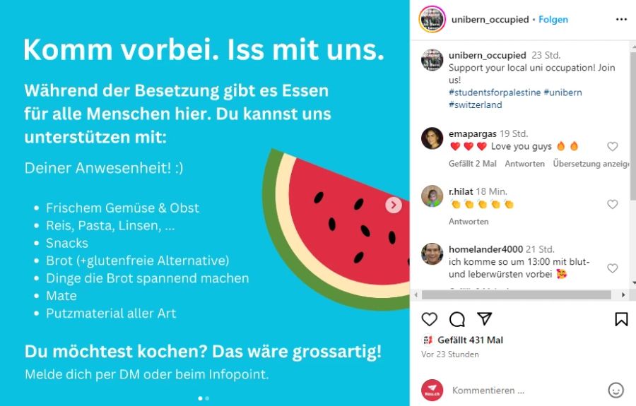 Auf Instagram bitten die Pro-Palästina-Protestierenden der Uni Bern um Unterstützung.