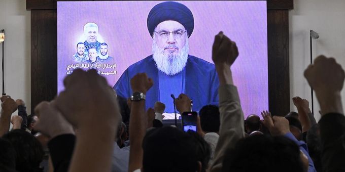 Hisbollah-Anführer Hassan Nasrallah bei einer Videoübertragung. (Archivbild) hisbollah hamas terroristen getötet