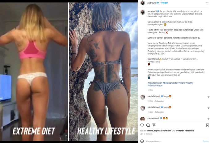 Die ehemalige Bachelorette Andrina Santoro warnt ihre Fans auf Instagram mit diesem Vorher-Nachher-Foto vor «extremen Diäten». Andrina Santoro