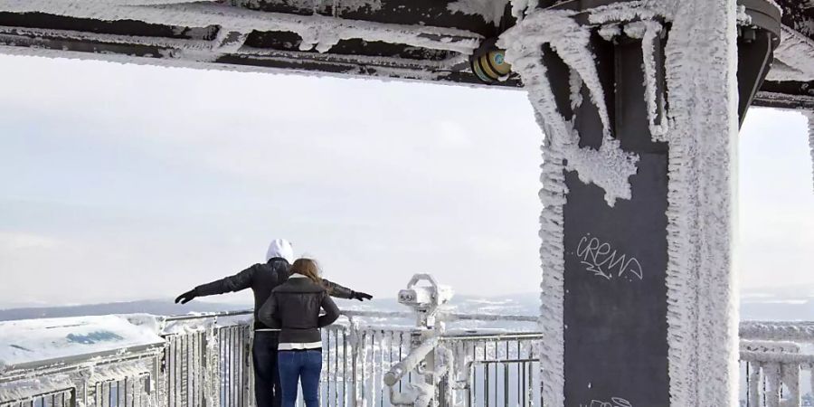 Zwei Besucher blicken vom Aussichtsturm auf dem Uetliberg in Zürich hinunter. (Archivbild)