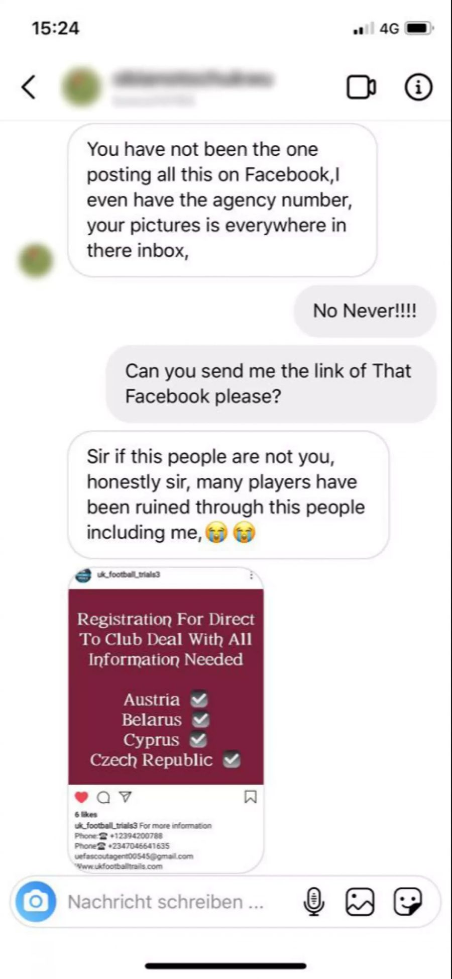 Diese Nachrichten schickte das Betrugsopfer auf Instagram an Patrick Bengondo.