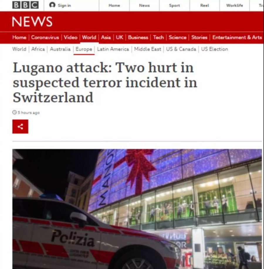 So berichete die «BBC» über den Angriff in Lugano.