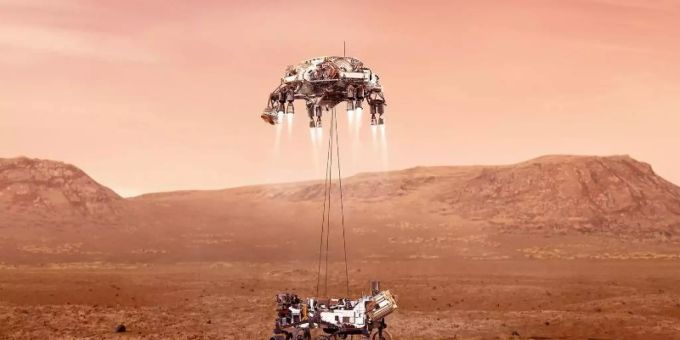 Die Illustration zeigt den Nasa-Rover «Perseverance» bei der Landung auf dem Mars. Foto: NASA/dpa Die Illustration zeigt den Nasa-Rover «Perseverance» bei der Landung auf dem Mars. Foto: NASA/dpa