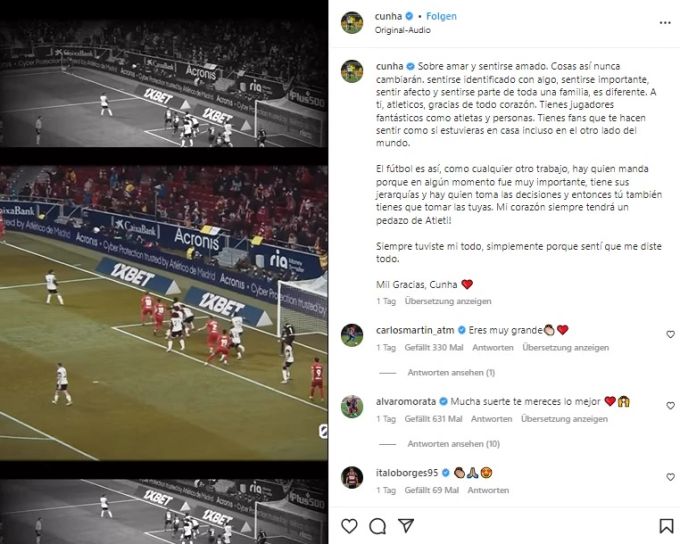 Matheus Cunha verabschiedet sich von den Fans von Atletico Madrid. Matheus Cunha Atletico Madrid