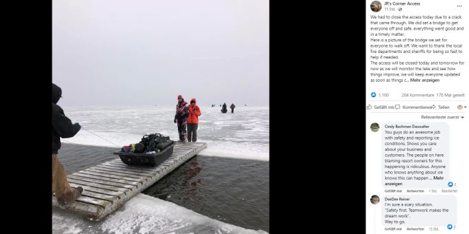 Mit einer Brücke können die 200 Personen gerettet werden. Rettung Eisscholle