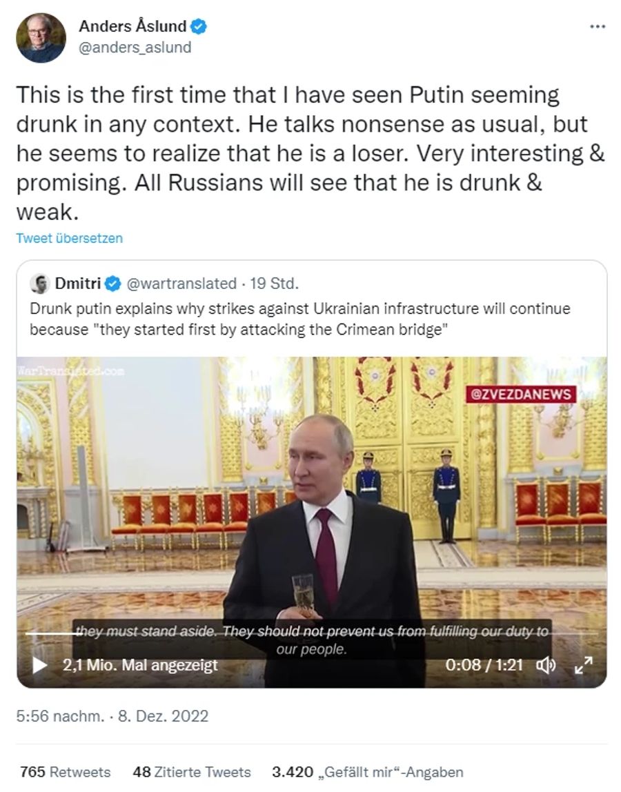 Der Autor und Russland-Kenner Anders Aslund kommentiert Putins Auftritt auf Twitter.