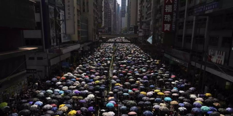 Anhänger der Demokratiebewegung ziehen mit Regenschirmen durch Hongkong. Foto: Vincent Yu/AP/Archiv