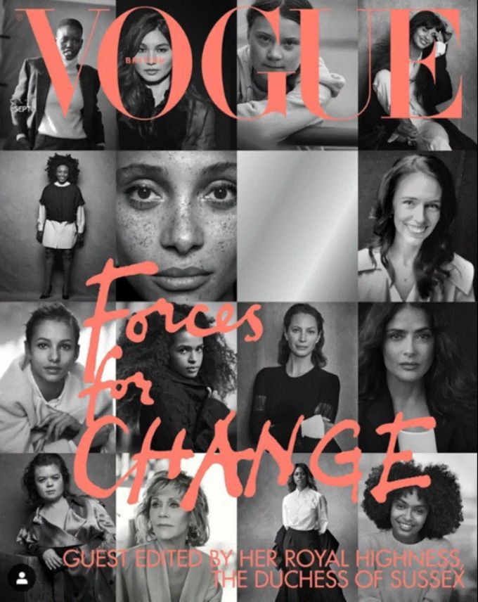 Für dieses Cover entschied sich Meghan Markle für die September-Ausgabe. Nebst Jane Fonda wurde auch Umweltaktivistin Greta porträtiert. Meghan Markle