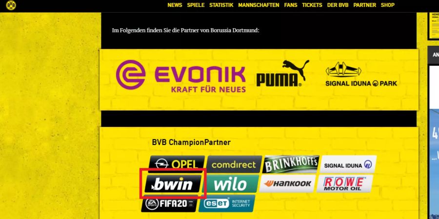 Das Logo von «Bwin» ist auf der Webseite des BVB nicht verlinkt.