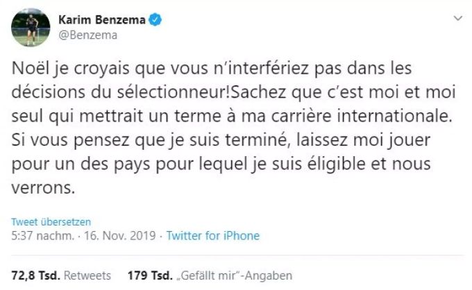 Karim Benzema greift auf Twitter direkt Verbandschef Noël Le Graët an. Karim Benzema