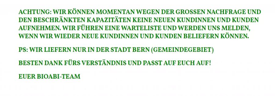 Auch die Webseite von Bioabi informiert über die aktuelle Überlastung durch das Coronavirus.