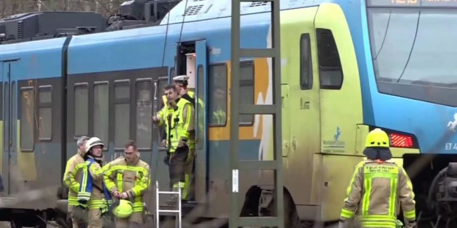 Ein Regional-Express bei Rheine. Der Zug musste halten und wurde geräumt, nachdem umgestürzte Bäume die Strecke zwischen Rheine und Salzbergen blockiert hatten. Foto: -/Nord-West-Media TV/dpa