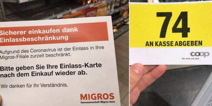 Migros und auch die Coop verteilen neu an Eingängen Eintrittskarten. Coronavirus