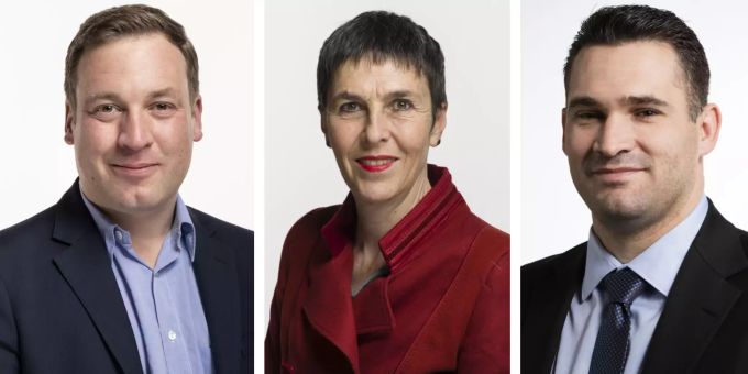 SVP-Nationalrat Lukas Reimann, SP-Nationalrätin Barbara Gysi und FDP-Nationalrat Marcel Dobler, alle aus dem Kanton St. Gallen. Reimann Gysi Dobler