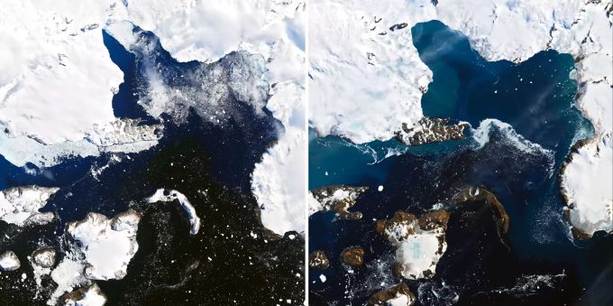 Die Kombo aus zwei Satellitenbildern zeigt das Schmelzen auf der Eiskappe der Insel Eagle Island in der Antarktis. Antarktis