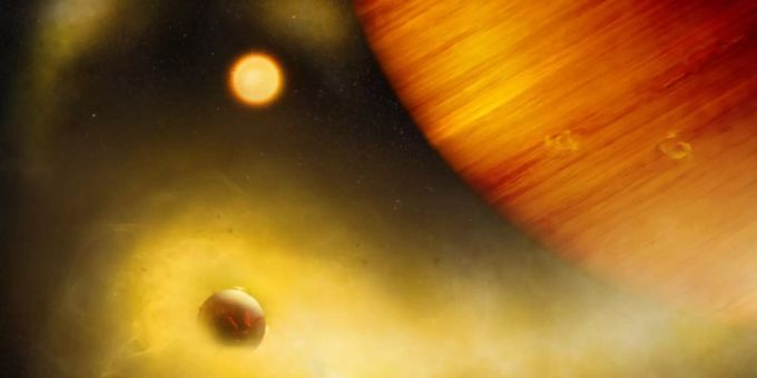 Ein Exoplanet im Sternbild Hase wird womöglich von einem extrem vulkanischen Mond umkreist. Darauf deuten grosse Mengen Natriumgas bei dem Planeten hin, die hier als gelbe Wolken dargestellt sind. (Illustration) Mond