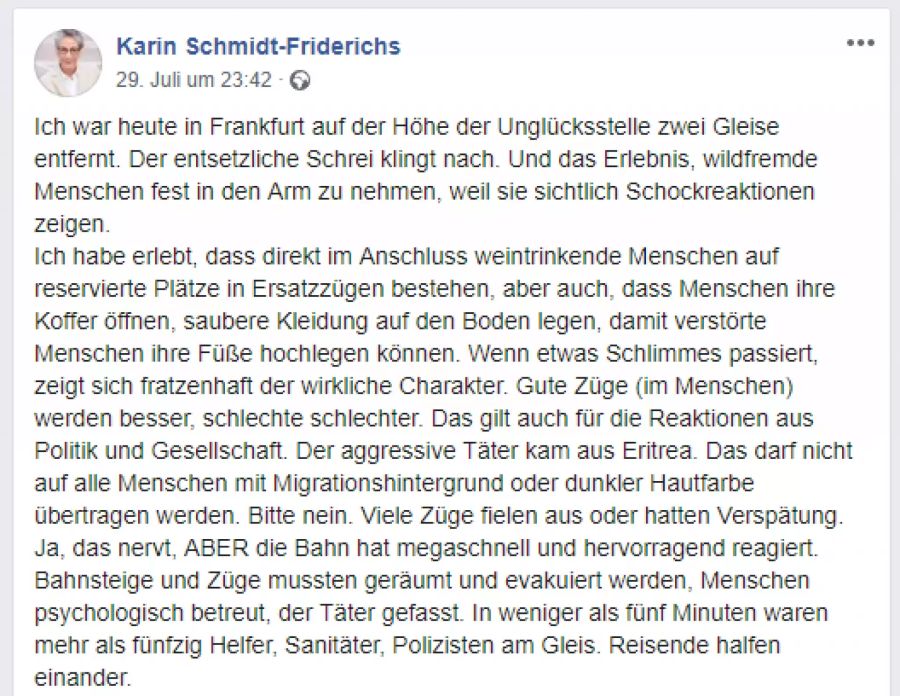 Facebook-Post von Karin Schmidt-Friderichs. (1/2)