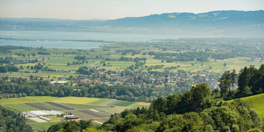 Vorderland des Kantons Appenzell mit Blick auf den Bodensee.