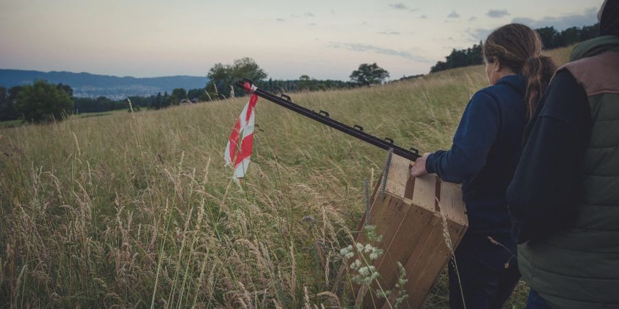 Danach werden die unterschiedlichen Wärmepunkte markiert. Mit einer Holzschachtel können die Rehkitze eingefangen werden.