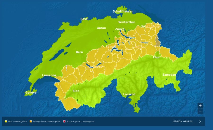 «SRF Meteo» gibt für die Alpenregionen grosse Unwettergefahr an.