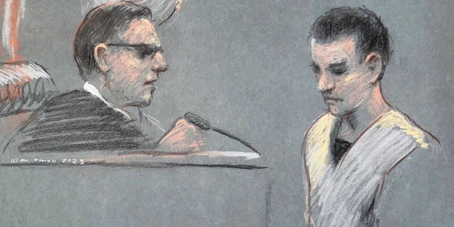 Diese Gerichtszeichnung zeigt Jack Teixeira bei seinem Erscheinen vor dem US-Bezirksgericht in Boston.