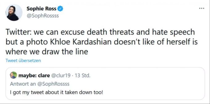 Eine Twitter-Userin regt sich über die Lösch-Aktion der Plattform auf. khloe kardashian kardashians