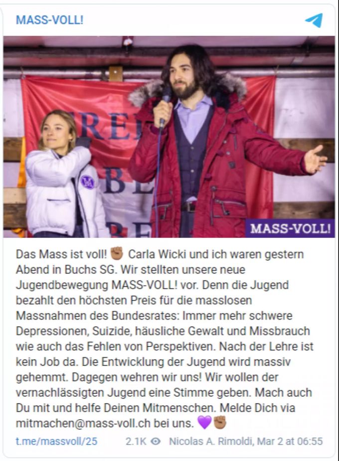 Nicolas A. Rimoldi und Carla Wicki sind die Co-Präsidenten von «Mass-Voll». coronavirus rimoldi mass-voll