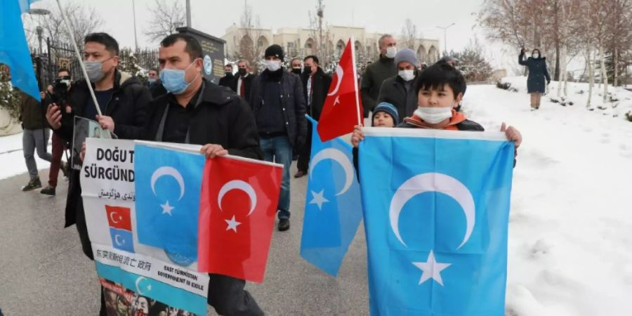 Uiguren mit Flaggen ihres selbsterklärten Staates Ost-Turkestan