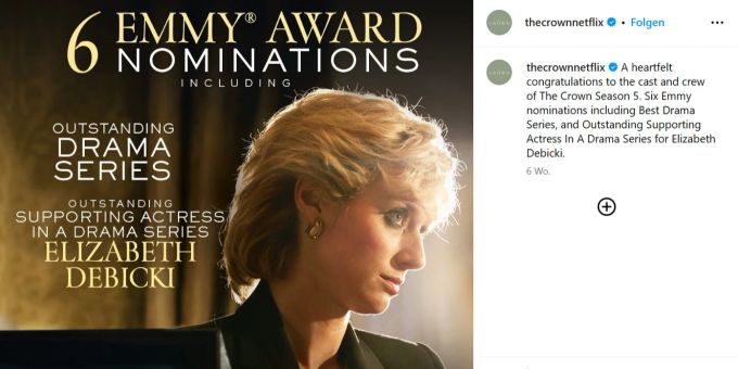 Die fünfte Staffel der Netflix-Serie «The Crown» wurde mit sechs Emmy-Nominierungen gewürdigt. the crown