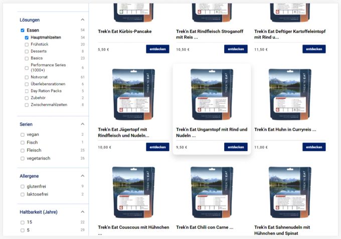 Einige der Produkte der Katadyn Group Switzerland mit den Preisen (in Euro) für den Einzelverkauf. Katadyn Fertigmahlzeiten Armee Schweiz